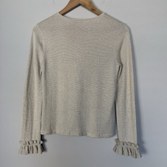 J McLaughlin Gold Sparkle Ruffle Knit Top Size XS Party Glam‎ Shimmer Feminine - Picture 5 of 7